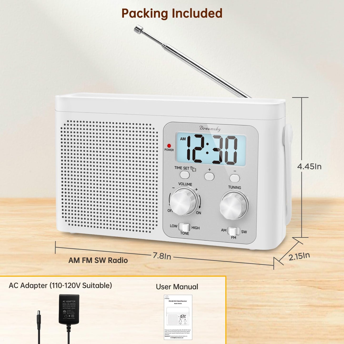 DreamSky AM FM Radio Portable - Shortwave Radio Battery Powered or Plug in Wall for Home Outdoor, Strong Reception, Large Dial Easy to Use, Digital Time Display, Transistor Antenna, Seniors Small Gift