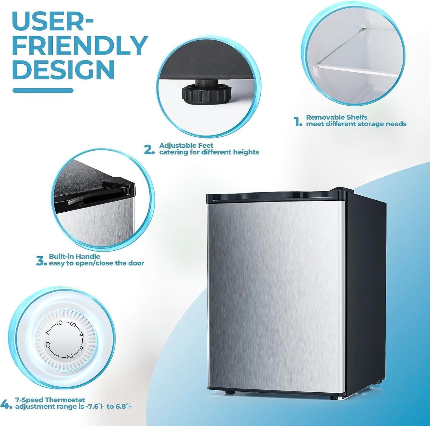 1.1 Cu.ft Upright Freezer, Small Mini Freezer with Adjustable Thermostat, Removable Shelves, Reversible Single Door, for Bedroom/Home/Dorms/Apartment, Silver