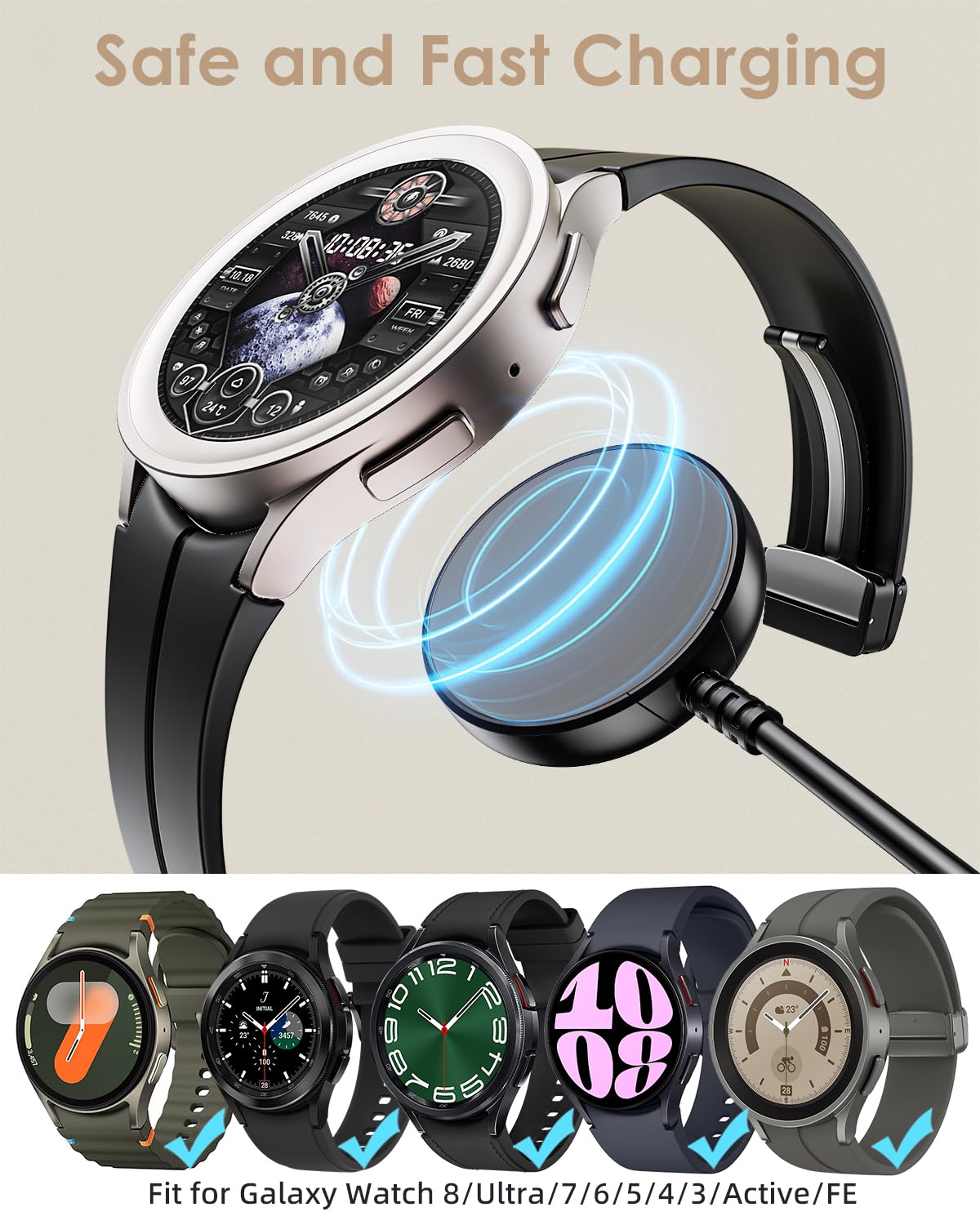 2 Pack for Samsung Galaxy Watch Charger Compatible with Watch 8/8 Classic/Ultra/7/6/6 Classic/5/5 Pro/4/4 Classic/3/Active/FE USB A Magnetic Fast Charging Dock Accessories 3.3FT