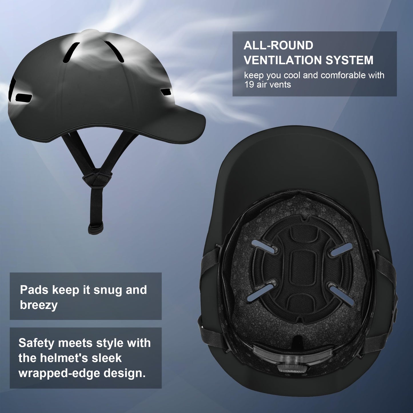 Bike Helmet Adult Men/Women-USB Rechargeable Rear Light CPSC/ASTM Certified 2 Removable Liners Adjustable Lightweight Baseball Cap Style for Youth Road&Mountain Biking Skating Scooter