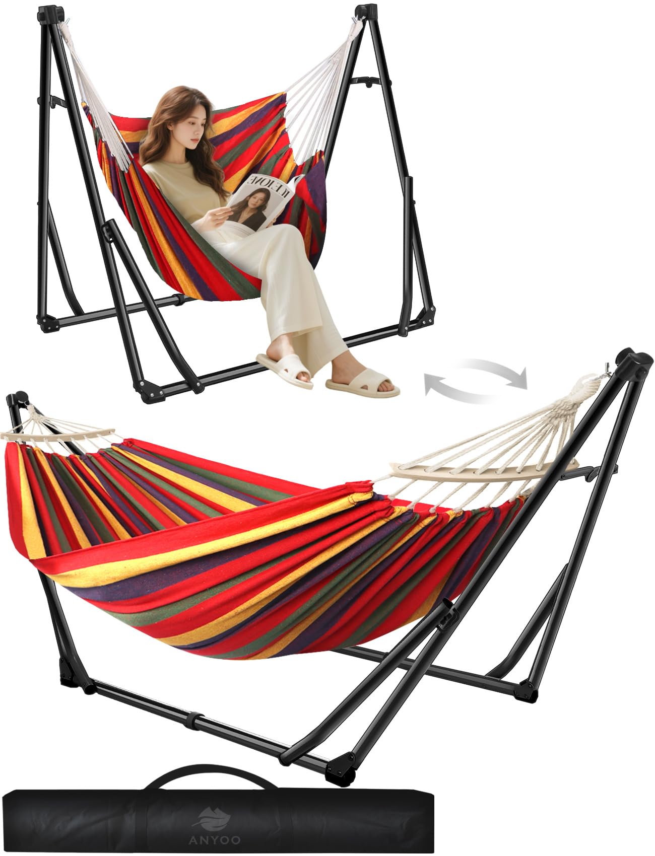 Anyoo 2 in 1 Hammock and Swinging Chair with Collapsible Steel Stand & Carrying Case,Portable & Adjustable,Easy Set Up for Outdoor,Indoor,Porch Swing,Patio,Garden,Camping Trip