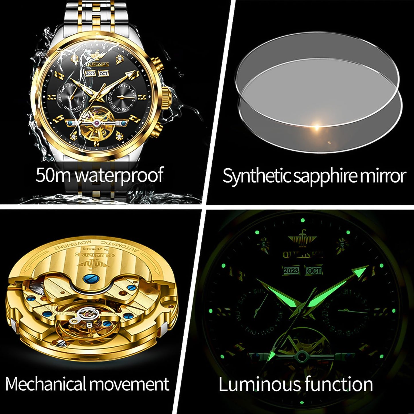 OUPINKE Men Skeleton Watch Automatic Mechanical Luxury Dress Waterproof Tourbillion Sapphire Crystal Wrist Watches for Men