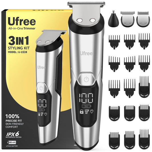 Ufree 3-in-1 Beard Trimmer for Men, Valentine Gifts for Men, IPX6 Waterproof Men's Electric Razor Shaver for Mustache, Professional Hair Trimmer Clippers, Type-C Body Grooming Kit