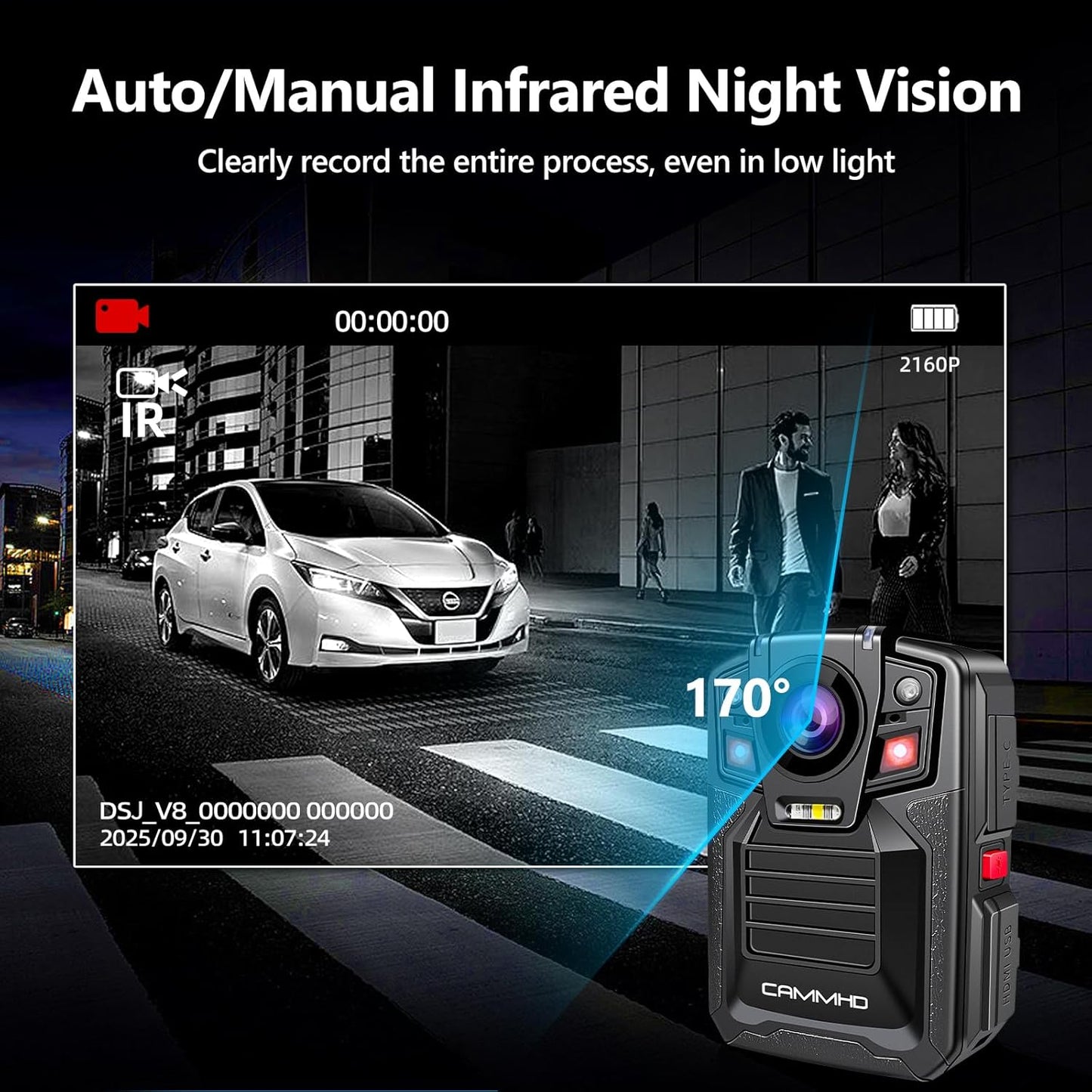 CAMMHD V8-128GB 4K Body Camera with Audio and Video Recording, 2160P Body Cam Two Battery 4400mAh Work 14H, H.265 Video Recorder, IP68 Waterproof, Night Vision Police Body Camera with Charging Dock