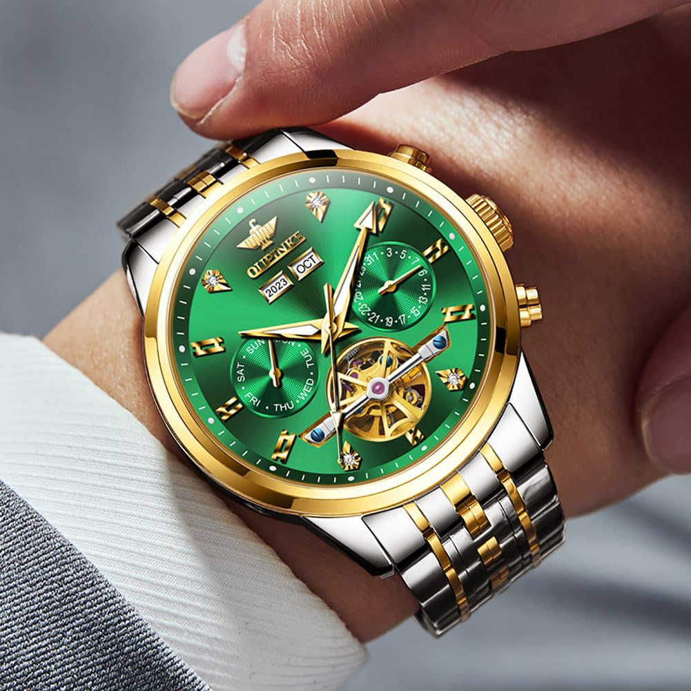 OUPINKE Men Skeleton Watch Automatic Mechanical Luxury Dress Waterproof Tourbillion Sapphire Crystal Wrist Watches for Men