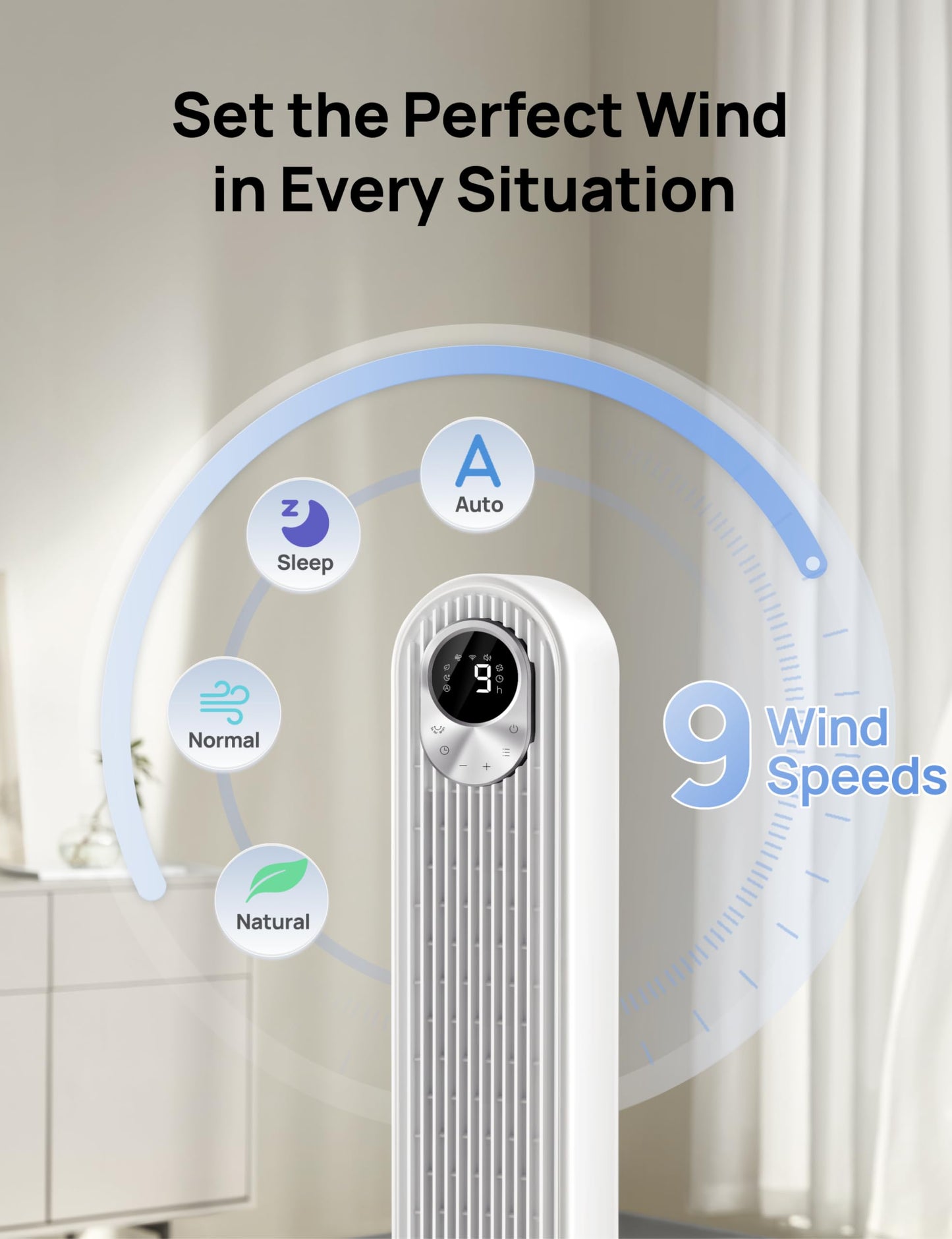 DREO Tower Fan for Bedroom, 28 ft/s, 20dB Quiet Oscillating Bladeless Fan with Remote, 9 Speeds, 4 Modes, 12H Timer, LED Display, Standing Floor Fan Powerful for Indoor Home Office Room, 42 Inch