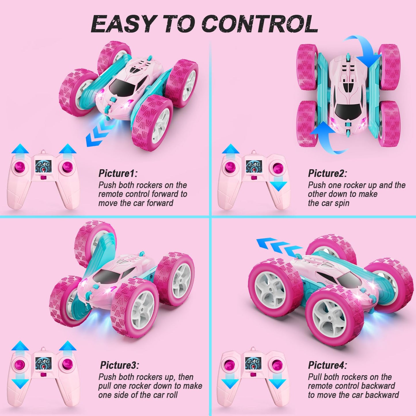 Remote Control Car, RC Cars Toys for Kids Ages 6-12, 4WD Stunt Car with LED Lights & 360° Flips, 2.4GHz, Upgraded USB-C Modular Batteries, 8-10 Year Old Boys Birthday Gift 1-Blue