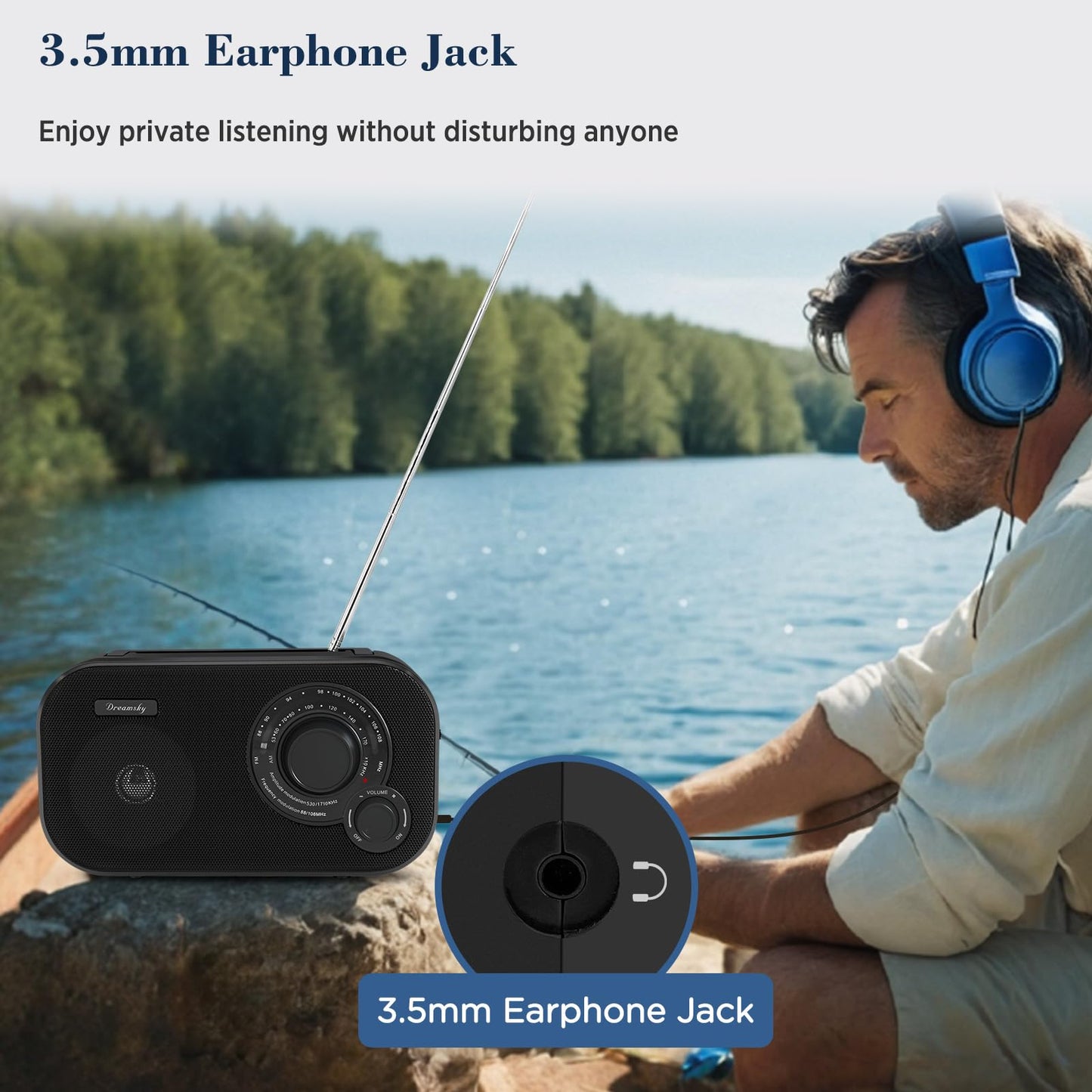 DreamSky AM FM Portable Radio Plug In Wall or Battery Operated for Home & Outdoor, Strong Reception & Sound, Large Dial Easy to Use, Transistor Antenna, Headphone Jack, Small Gifts for Seniors Elderly