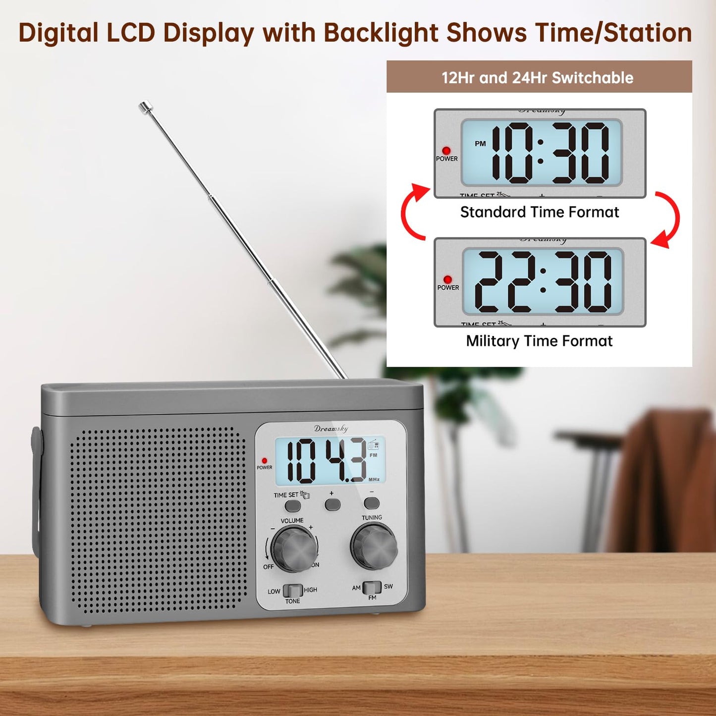 DreamSky AM FM Radio Portable - Shortwave Radio Battery Powered or Plug in Wall for Home Outdoor, Strong Reception, Large Dial Easy to Use, Digital Time Display, Transistor Antenna, Seniors Small Gift