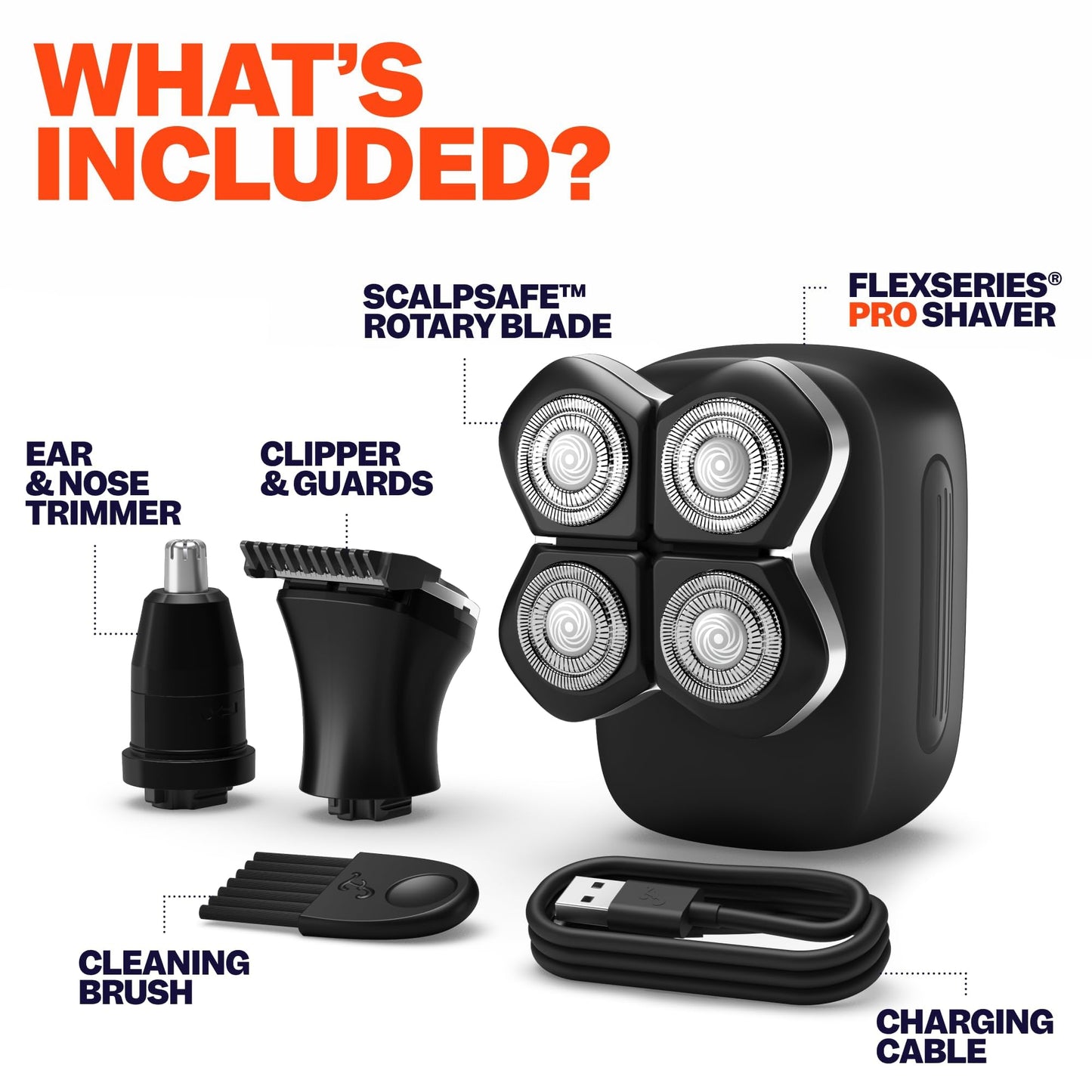 Freebird FlexSeries Electric Head & Body Hair Shaver, Mens Cordless Rechargeable Wet and Dry Skull, Bald Head, Back, Groin Waterproof Razor with Rotary Blades (FlexSeries Pro, Without Accessories)