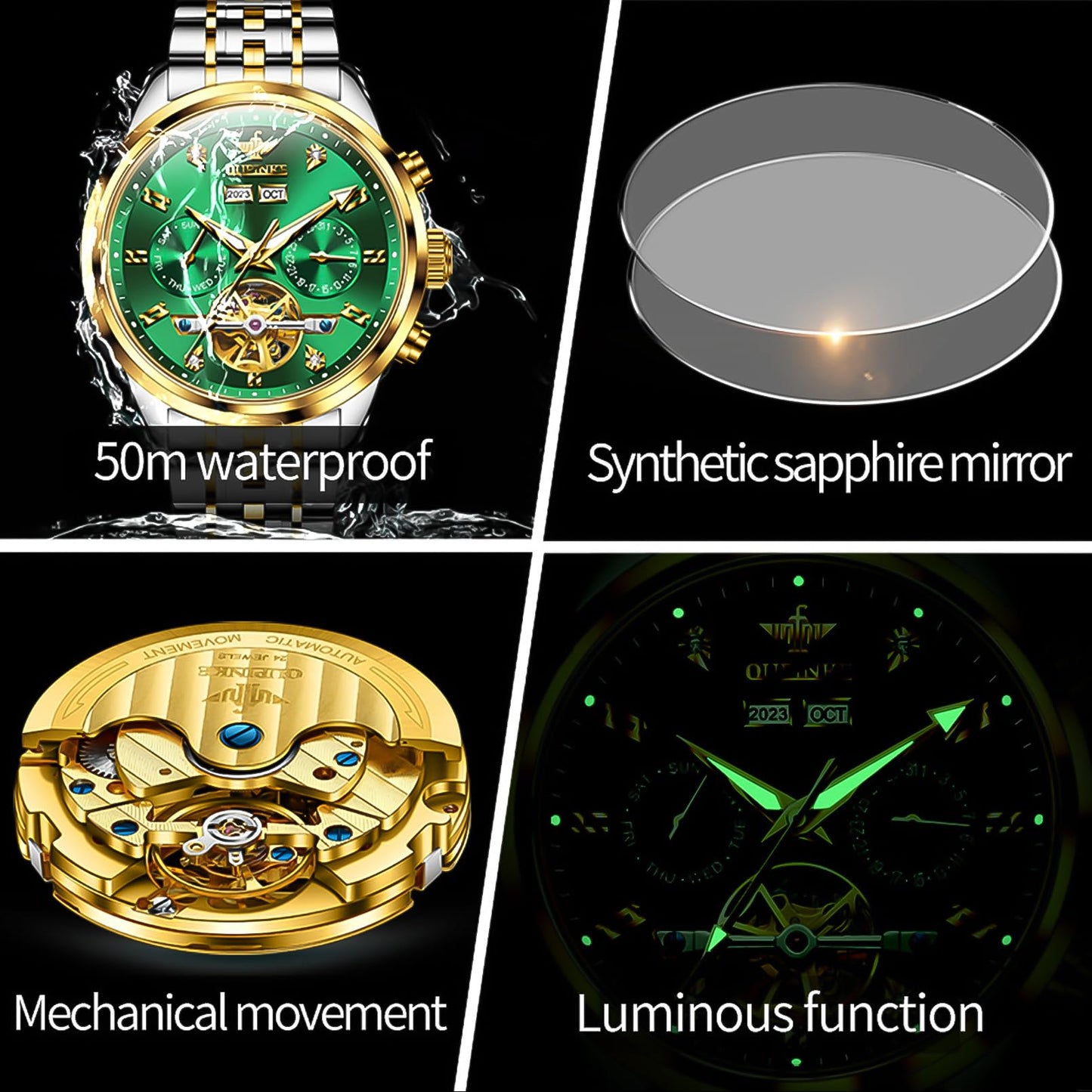 OUPINKE Men Skeleton Watch Automatic Mechanical Luxury Dress Waterproof Tourbillion Sapphire Crystal Wrist Watches for Men