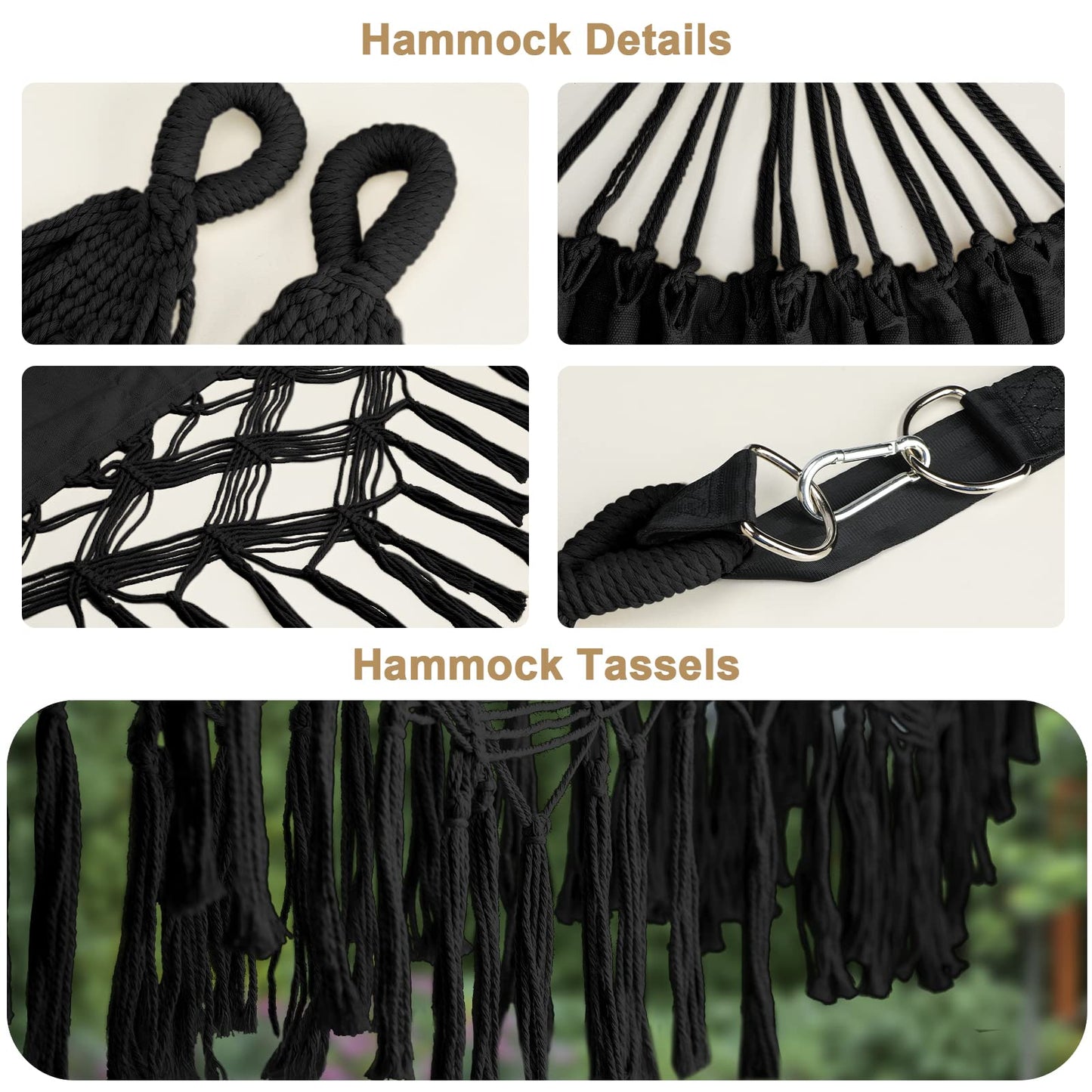 Bellzacasa Double Hammock, Heavy Duty 500 lb Load Capacity Tassels and Fishtail Knitting with Mounting Straps for Outdoor Camping Patio Balcony Beige