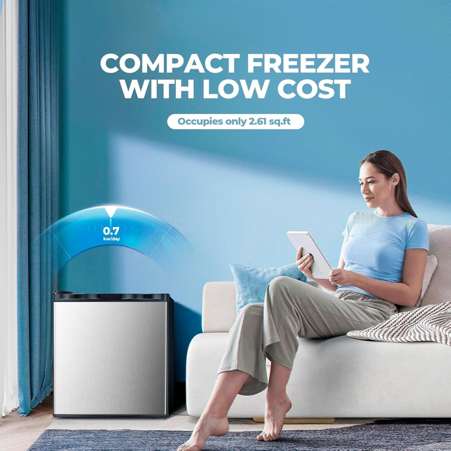 1.1 Cu.ft Upright Freezer, Small Mini Freezer with Adjustable Thermostat, Removable Shelves, Reversible Single Door, for Bedroom/Home/Dorms/Apartment, Silver