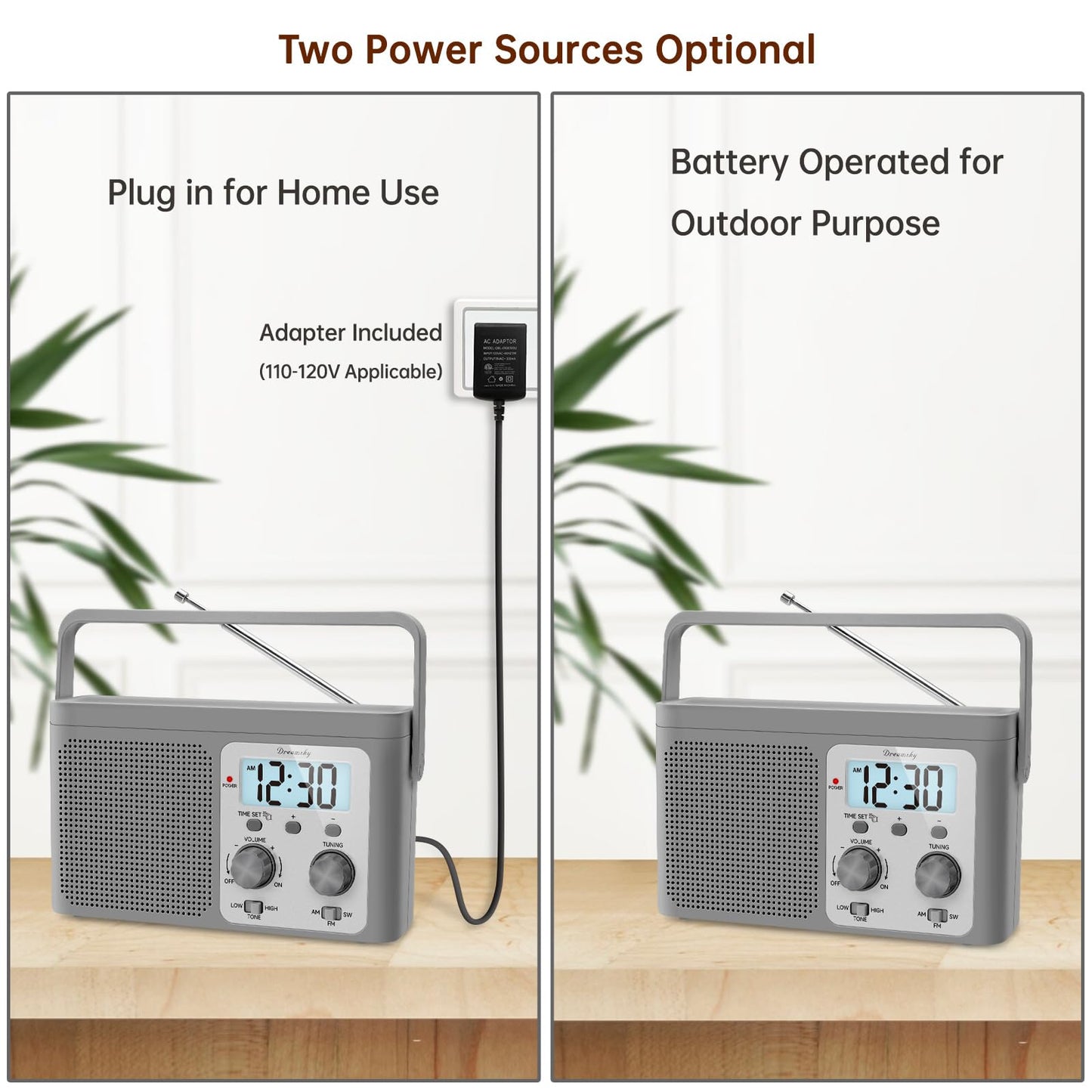 DreamSky AM FM Radio Portable - Shortwave Radio Battery Powered or Plug in Wall for Home Outdoor, Strong Reception, Large Dial Easy to Use, Digital Time Display, Transistor Antenna, Seniors Small Gift