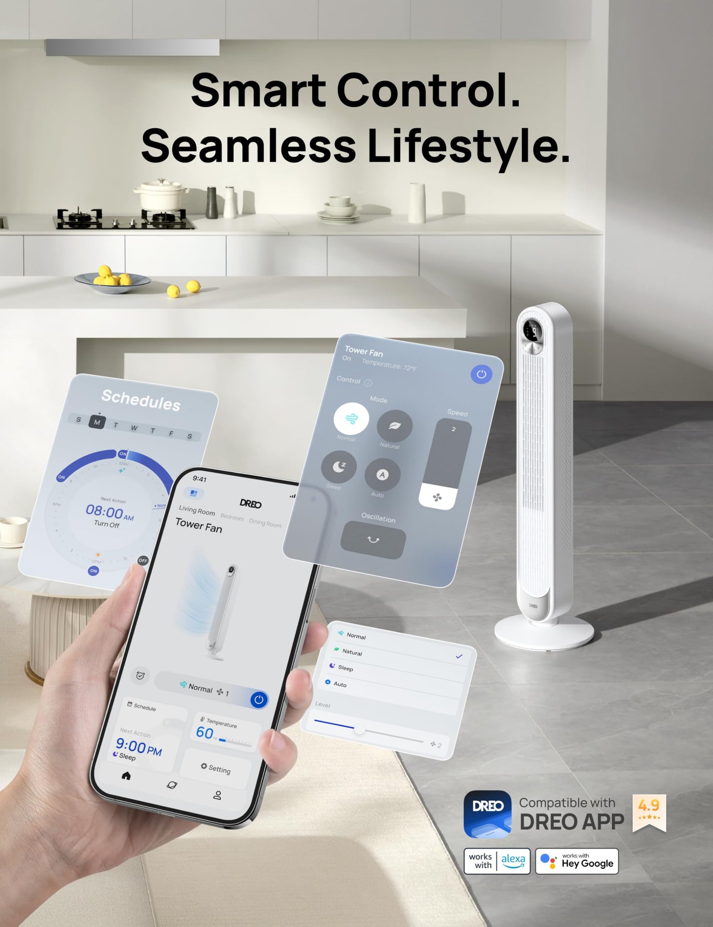 DREO Tower Fan for Bedroom, 28 ft/s, 20dB Quiet Oscillating Bladeless Fan with Remote, 9 Speeds, 4 Modes, 12H Timer, LED Display, Standing Floor Fan Powerful for Indoor Home Office Room, 42 Inch