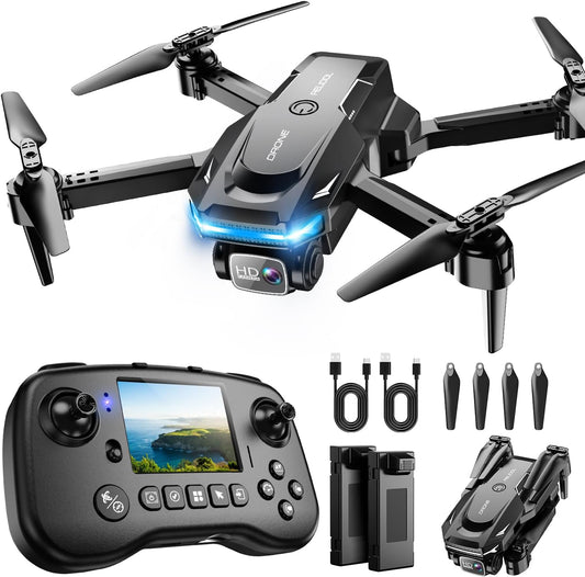 Drone with Camera - Drone with Screen on Controller for Beginners, Foldable Remote Control Quadcopter with Gesture Control, 3D Flip, One Key Start, Emergency Stop, 2 Batteries, Easier to use to use