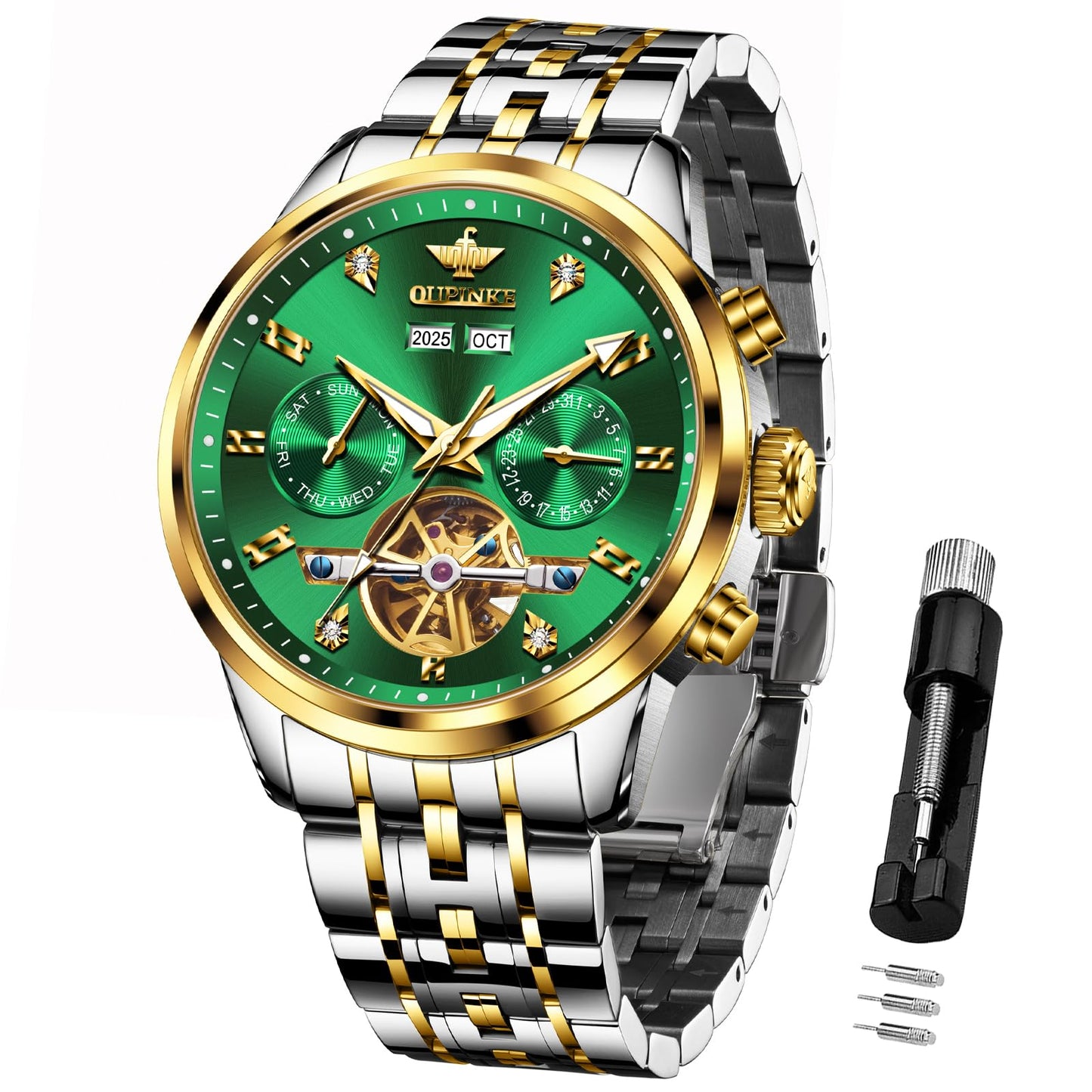 OUPINKE Men Skeleton Watch Automatic Mechanical Luxury Dress Waterproof Tourbillion Sapphire Crystal Wrist Watches for Men