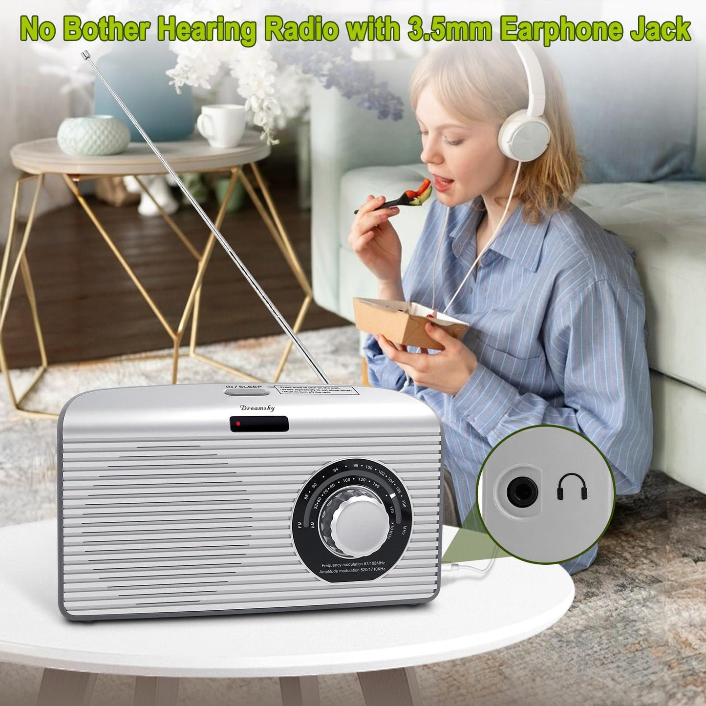 DreamSky AM FM Portable Radio Plug In Wall or Battery Operated for Home & Outdoor, Strong Reception & Sound, Large Dial Easy to Use, Transistor Antenna, Headphone Jack, Small Gifts for Seniors Elderly