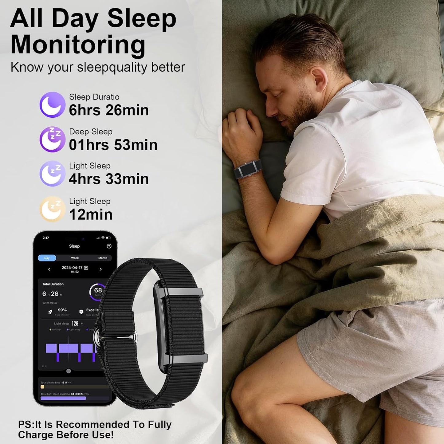 Smart Bracelet Fitness Trackers for Men Women, Smart Watch 24/7 Heart Rate Sleep Stress HRV Monitor, 170+ Sports Modes, 2 Bands, Free APP Black