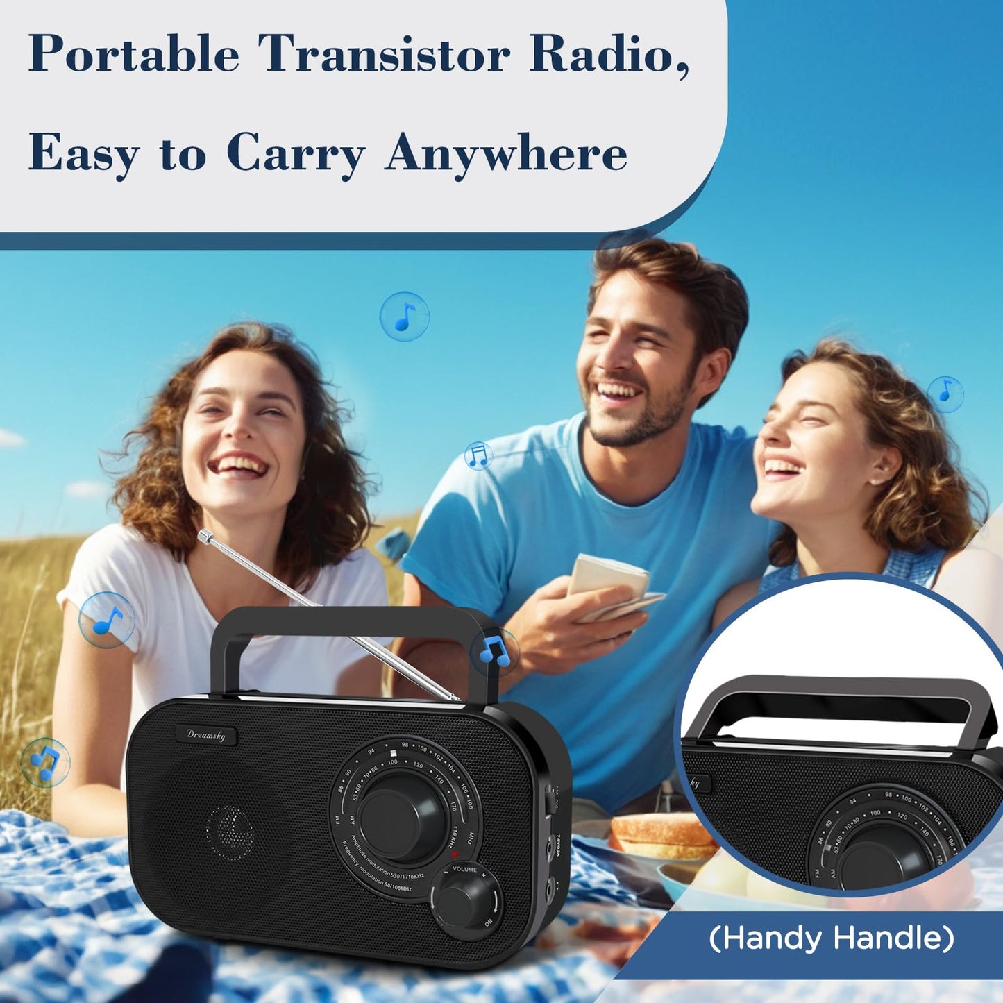 DreamSky AM FM Portable Radio Plug In Wall or Battery Operated for Home & Outdoor, Strong Reception & Sound, Large Dial Easy to Use, Transistor Antenna, Headphone Jack, Small Gifts for Seniors Elderly