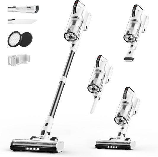 Cordless Vacuum Cleaner, Upgraded 650W 55KPA 70Mins Runtime Fast Charging Self-Standing Vacuum Cleaners for Home, LED Light Touch Screen Vacuum Cleaner Light Weight,for Pet Hair/Floor, White