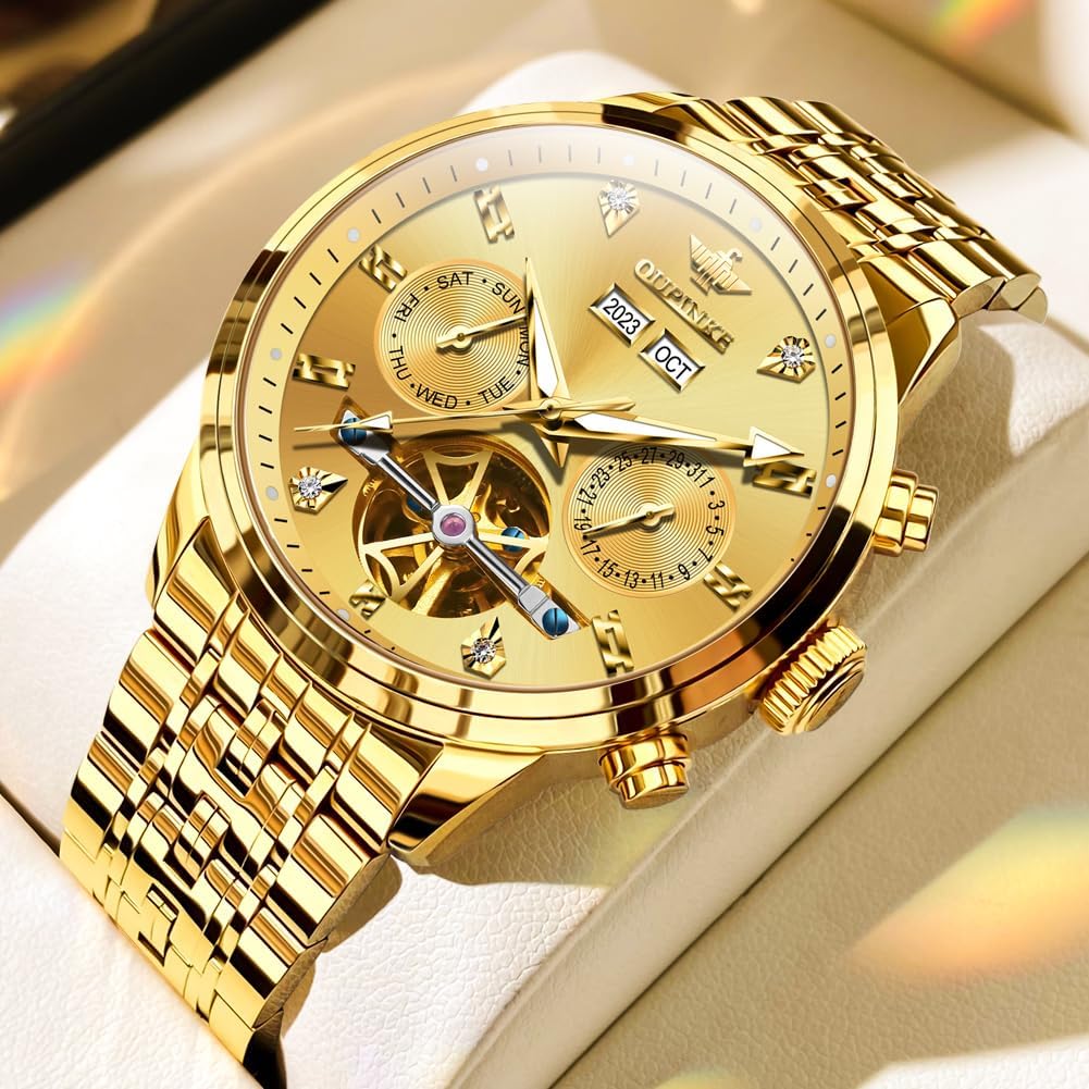 OUPINKE Men Skeleton Watch Automatic Mechanical Luxury Dress Waterproof Tourbillion Sapphire Crystal Wrist Watches for Men