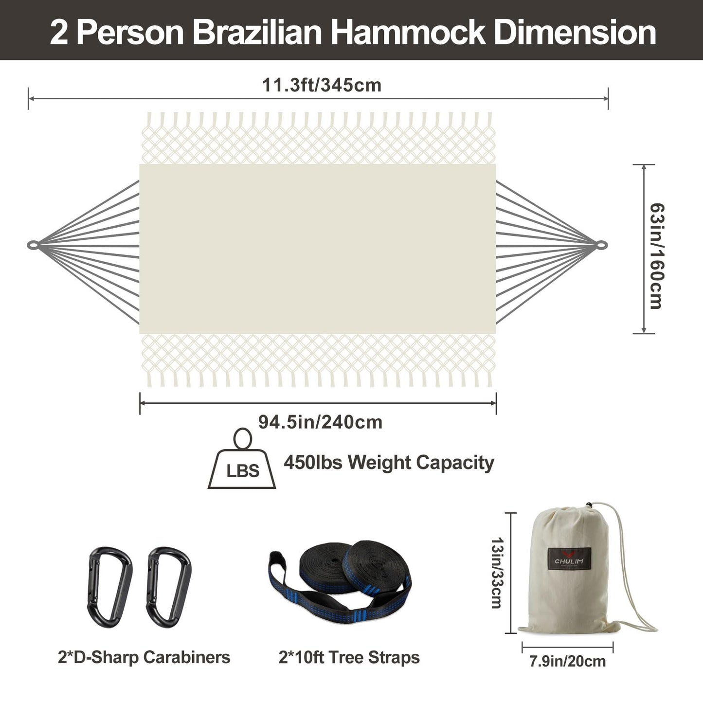 Brazilian Double Hammock with Tree Straps,Extra Large 94x63IN,2 Persons Hammock for Backyard Patio Outdoor Indoor,450lbs Weight Capacity,Soft Woven Cotton Fabric - Natrual White with Tassels