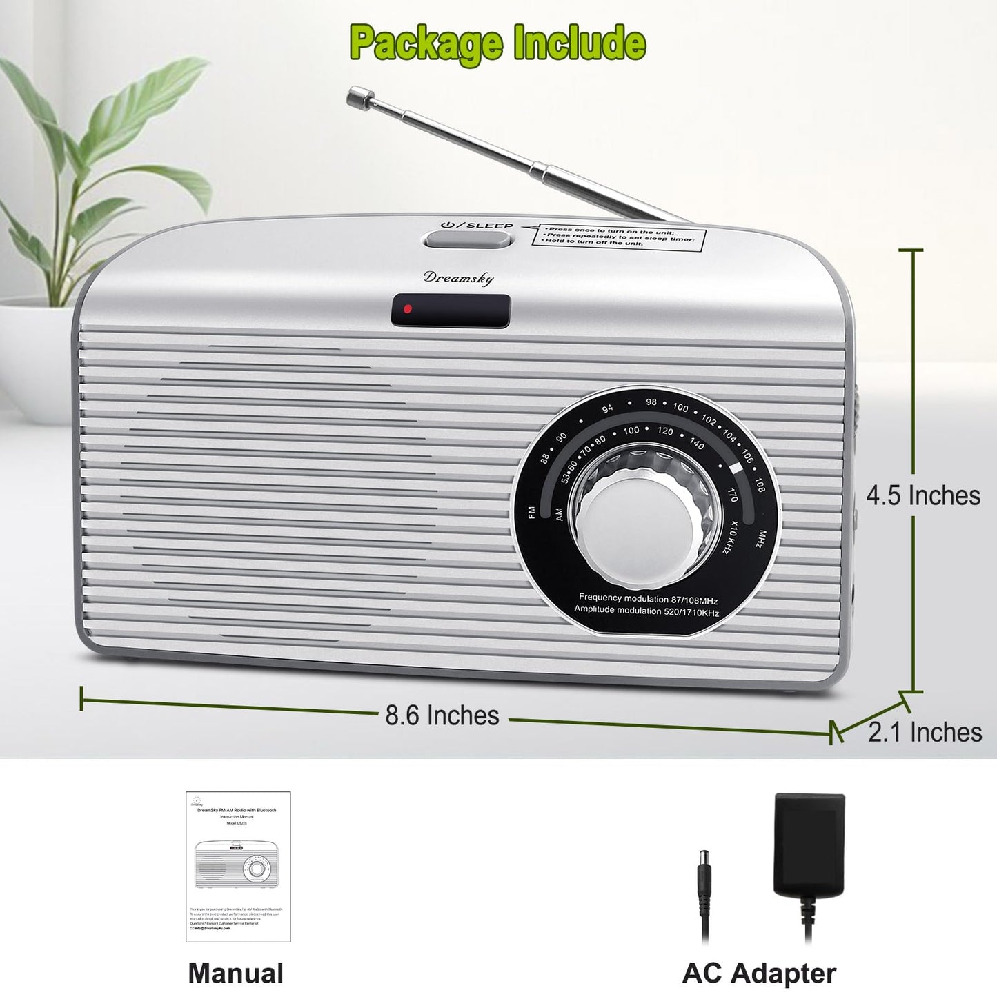 DreamSky AM FM Portable Radio Plug In Wall or Battery Operated for Home & Outdoor, Strong Reception & Sound, Large Dial Easy to Use, Transistor Antenna, Headphone Jack, Small Gifts for Seniors Elderly