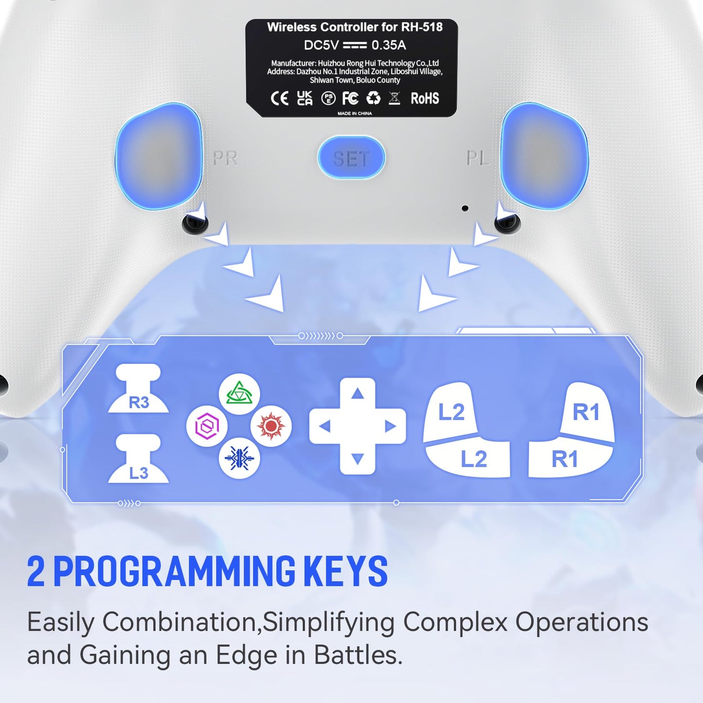 Dinosoo RGB Wireless Controller for PS5/PlayStation 5 PC, Bluetooth Controller with Turbo, Macro, Dynamic Vibration, 6-Axis Motion Control, 3.5mm Audio Jack, 1000mAh Battery, Speaker - Blue