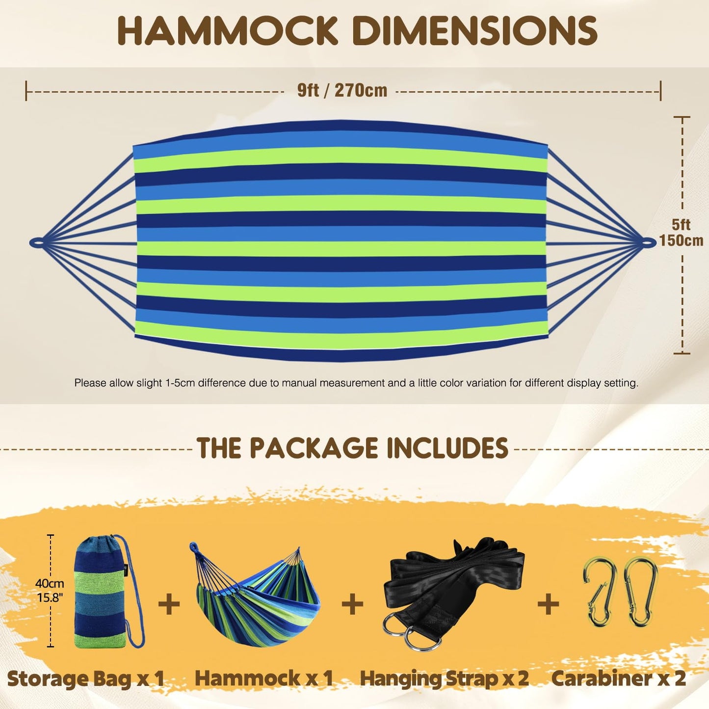 ANYOO Cotton Hammock Portable Camping Hammocks for Hanging Sturdy Garden Comfortable Fabric Hammock with Tree Straps Up to 660lbs with Travel Bag for Camping Outdoor/Indoor Patio Backyard