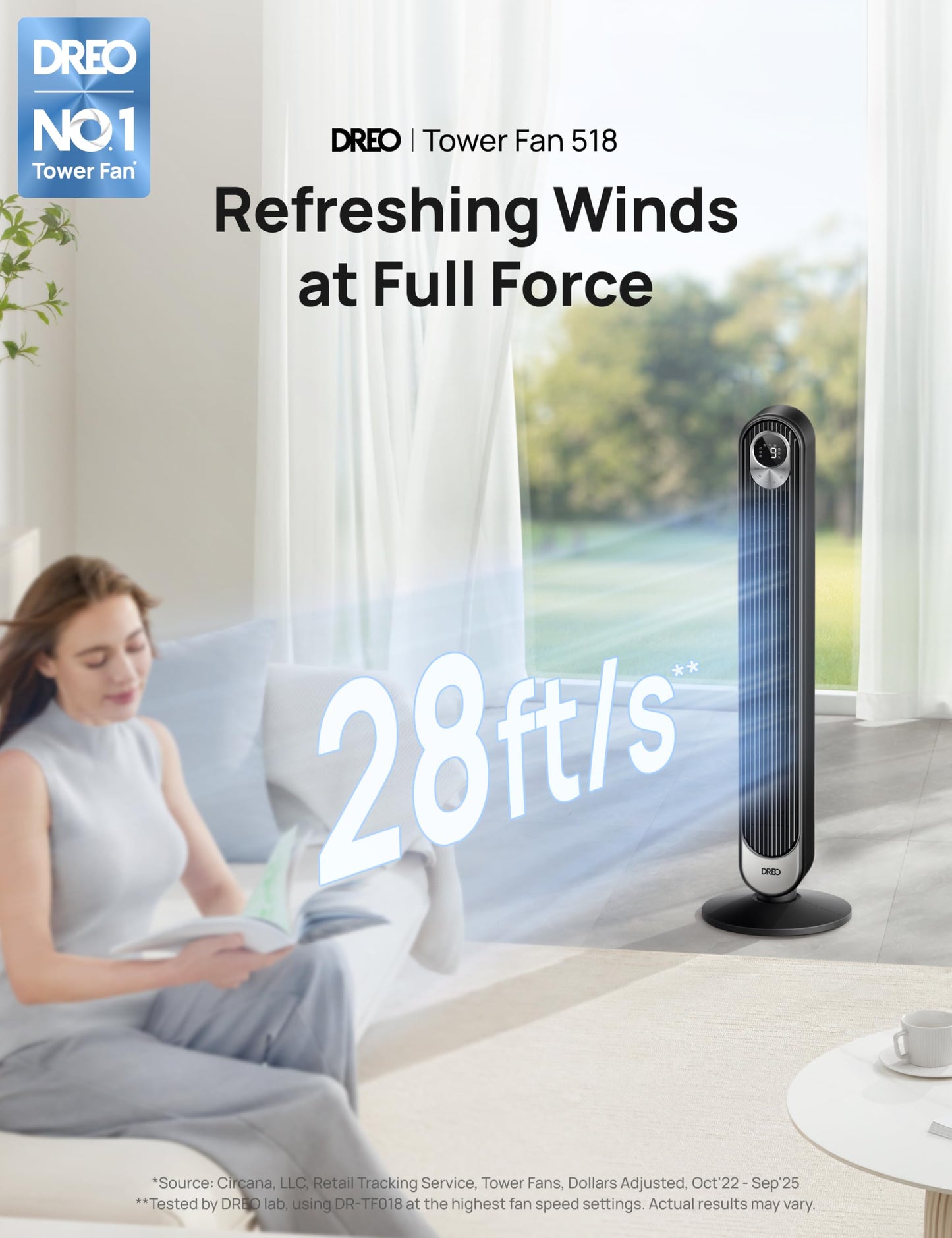 DREO Tower Fan for Bedroom, 28 ft/s, 20dB Quiet Oscillating Bladeless Fan with Remote, 9 Speeds, 4 Modes, 12H Timer, LED Display, Standing Floor Fan Powerful for Indoor Home Office Room, 42 Inch