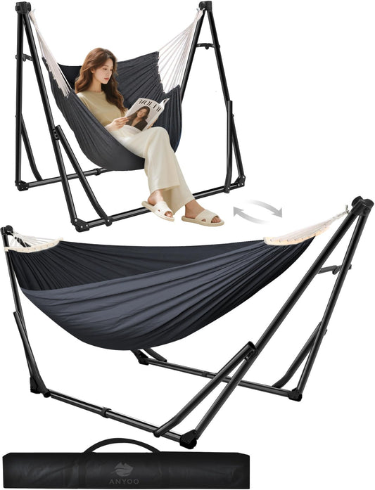Anyoo 2 in 1 Hammock and Swinging Chair with Collapsible Steel Stand & Carrying Case,Portable & Adjustable,Easy Set Up for Outdoor,Indoor,Porch Swing,Patio,Garden,Camping Trip