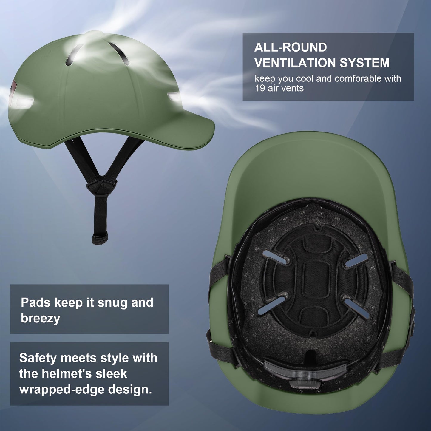 Bike Helmet Adult Men/Women-USB Rechargeable Rear Light CPSC/ASTM Certified 2 Removable Liners Adjustable Lightweight Baseball Cap Style for Youth Road&Mountain Biking Skating Scooter