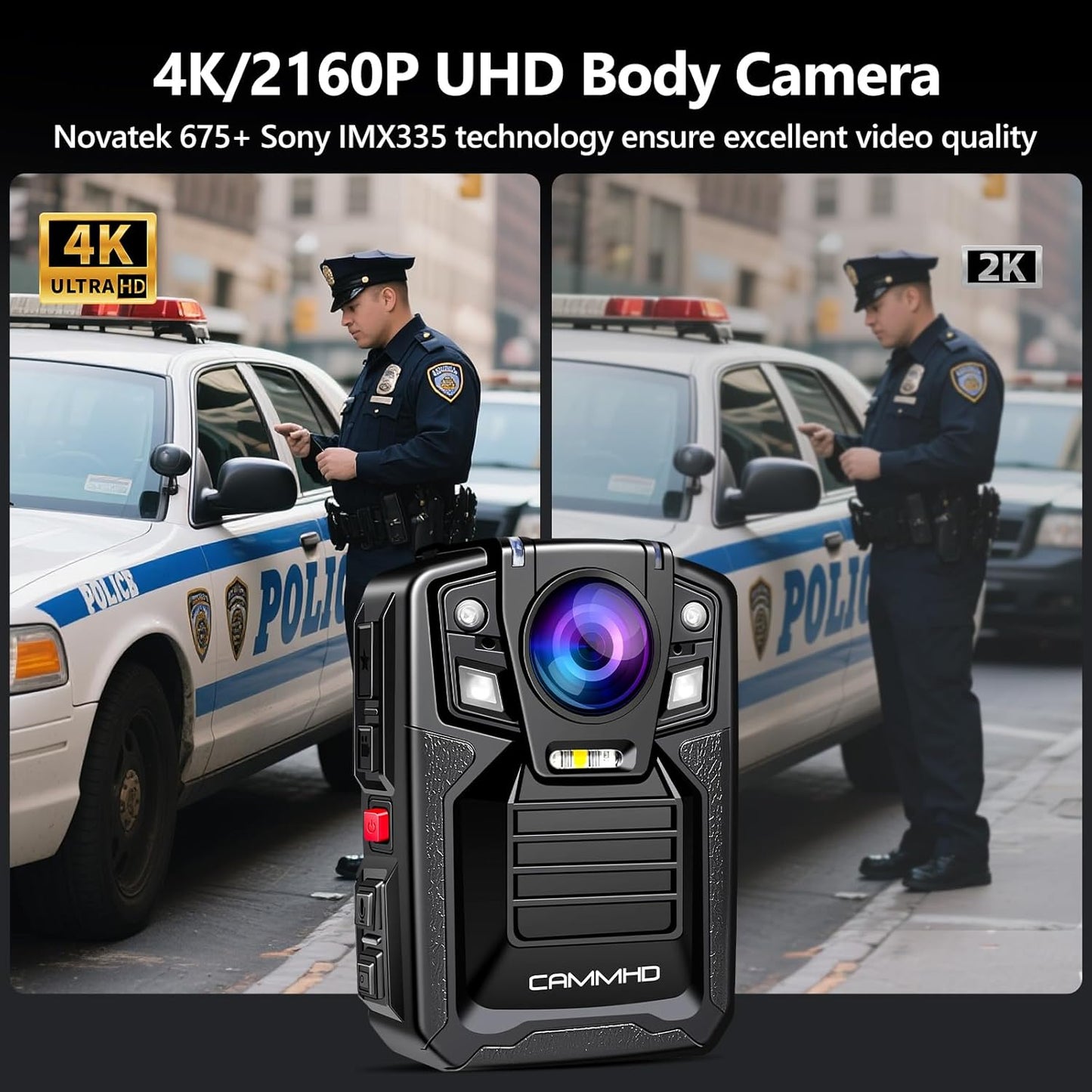 CAMMHD V8-128GB 4K Body Camera with Audio and Video Recording, 2160P Body Cam Two Battery 4400mAh Work 14H, H.265 Video Recorder, IP68 Waterproof, Night Vision Police Body Camera with Charging Dock