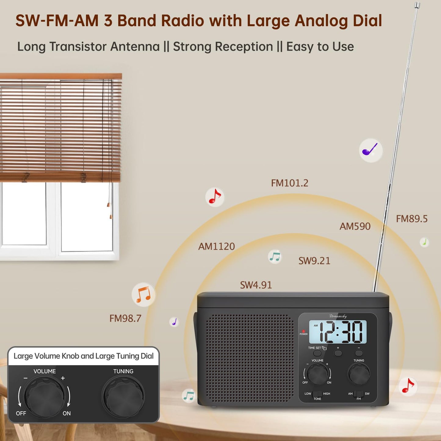 DreamSky AM FM Radio Portable - Shortwave Radio Battery Powered or Plug in Wall for Home Outdoor, Strong Reception, Large Dial Easy to Use, Digital Time Display, Transistor Antenna, Seniors Small Gift