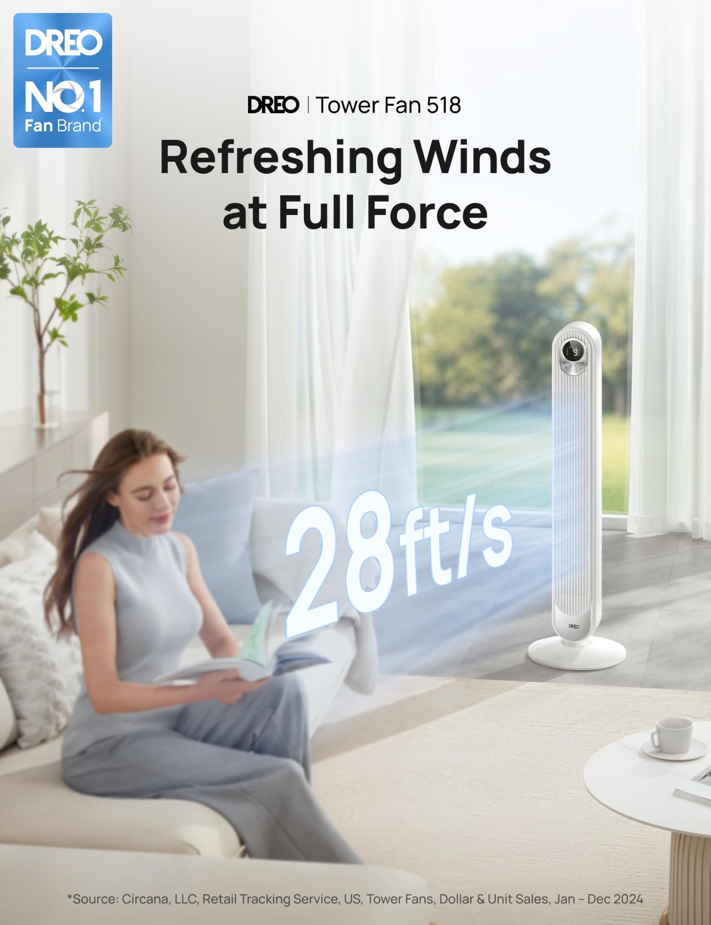 DREO Tower Fan for Bedroom, 28 ft/s, 20dB Quiet Oscillating Bladeless Fan with Remote, 9 Speeds, 4 Modes, 12H Timer, LED Display, Standing Floor Fan Powerful for Indoor Home Office Room, 42 Inch