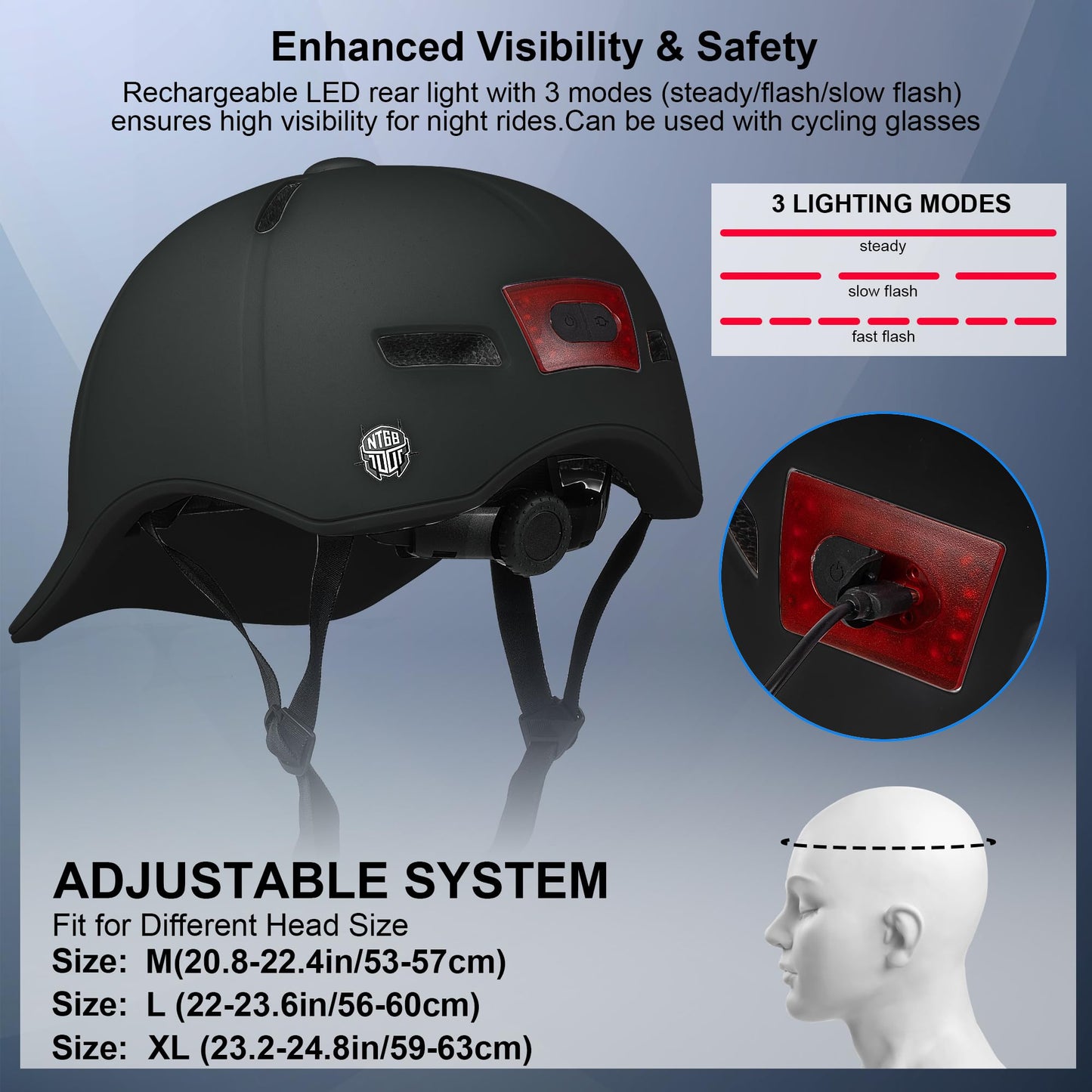 Bike Helmet Adult Men/Women-USB Rechargeable Rear Light CPSC/ASTM Certified 2 Removable Liners Adjustable Lightweight Baseball Cap Style for Youth Road&Mountain Biking Skating Scooter