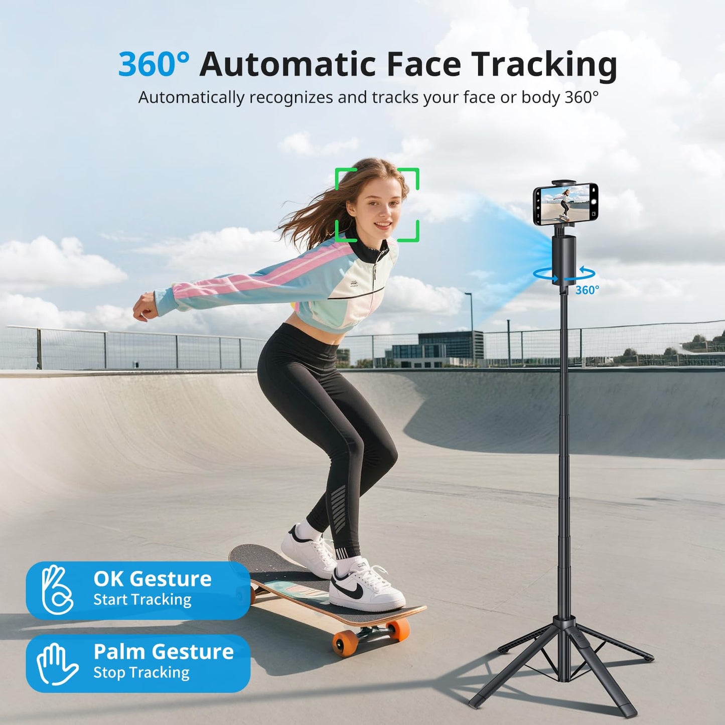 Auto Face Tracking Tripod,67''Phone Tripod for iPhone,360° Rotation Follows Your Movement,Bluetooth Remote,Phone Holder for Vlog,Live Streaming, Video Call,Content Creators.