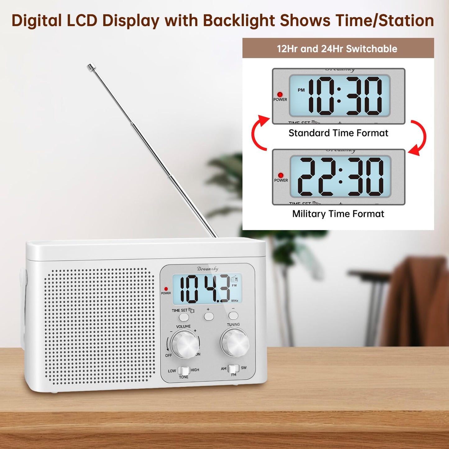DreamSky AM FM Radio Portable - Shortwave Radio Battery Powered or Plug in Wall for Home Outdoor, Strong Reception, Large Dial Easy to Use, Digital Time Display, Transistor Antenna, Seniors Small Gift