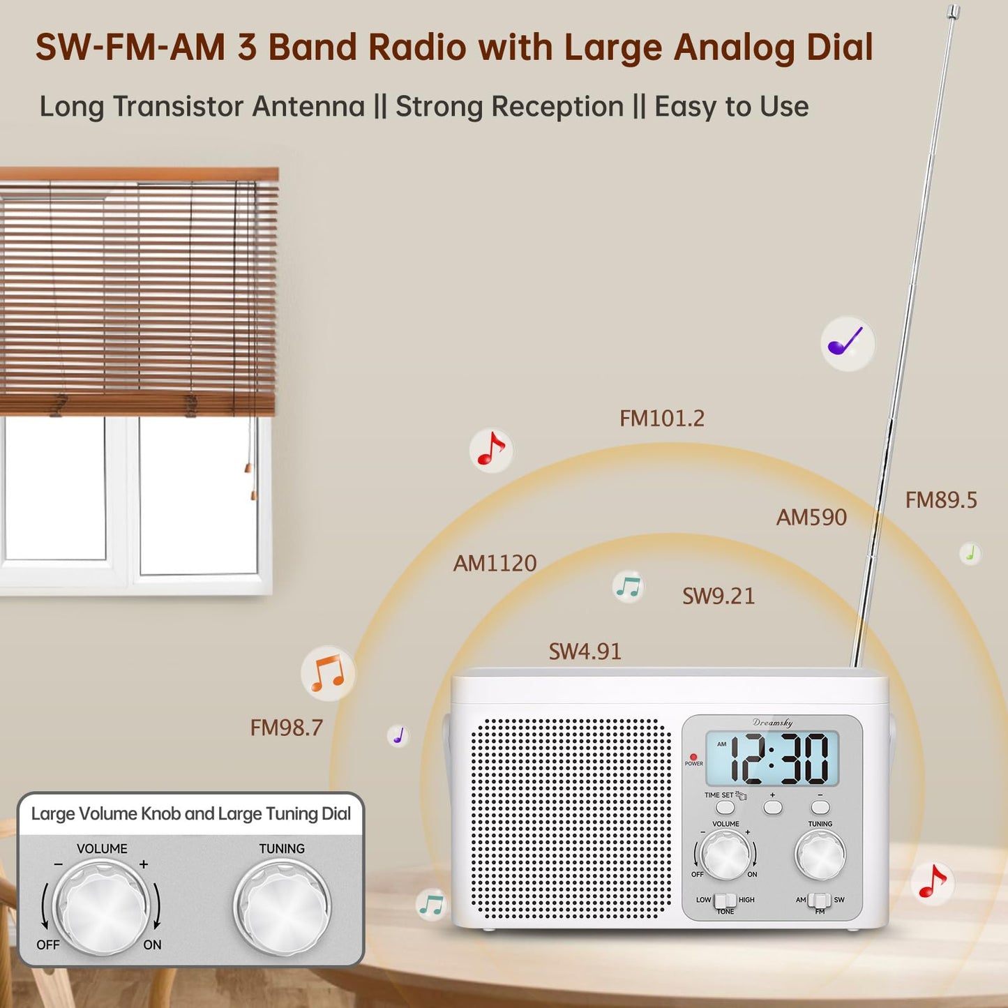 DreamSky AM FM Radio Portable - Shortwave Radio Battery Powered or Plug in Wall for Home Outdoor, Strong Reception, Large Dial Easy to Use, Digital Time Display, Transistor Antenna, Seniors Small Gift