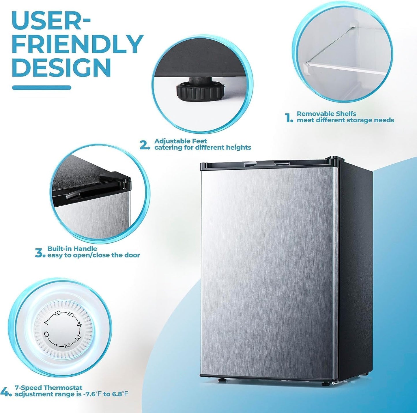 1.1 Cu.ft Upright Freezer, Small Mini Freezer with Adjustable Thermostat, Removable Shelves, Reversible Single Door, for Bedroom/Home/Dorms/Apartment, Silver