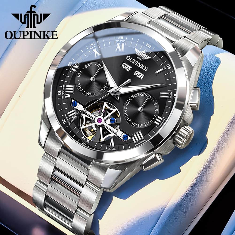 OUPINKE Men Skeleton Watch Automatic Mechanical Luxury Dress Waterproof Tourbillion Sapphire Crystal Wrist Watches for Men