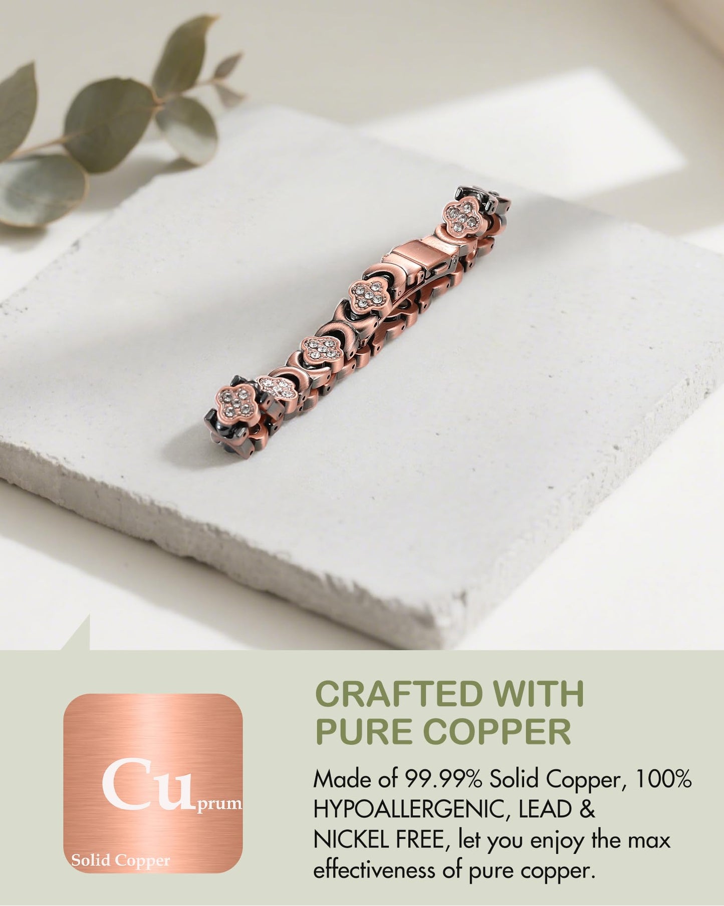Feraco Pure Copper Bracelets for Women, Ultra Strength Magnetic Therapy Bracelet for Pain Relief with Neodymium Magnets & Sparkling Cubic Zirconia, Adjustable, Infinite Clover Jewelry