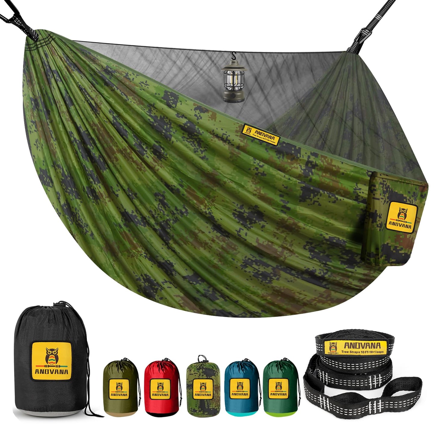 Camping Hammock with Mosquito Net, 600 lbs Portable Hammock with Tree Straps, 2-in-1 Double/Single Travel Hammock Tent for Outside/Indoor/Backpacking/Beach - Black & Grey