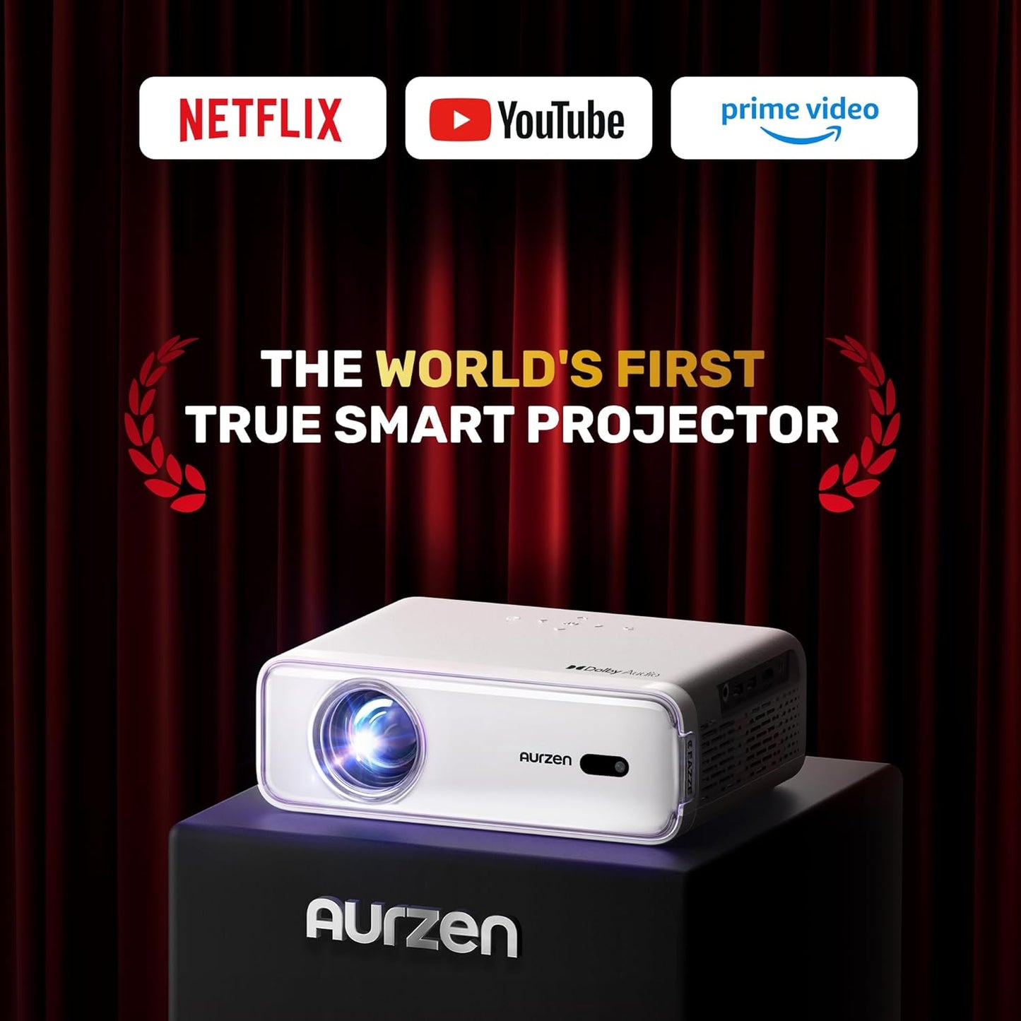Aurzen EAZZE D1 Smart Projector with WiFi and Bluetooth, Officially-Licensed APP, Auto Focus/Keystone, DoIby Audio 16W Speakers, Native 1080P, HDR10, 4K Support, Portable Mini Outdoor Movie Projector