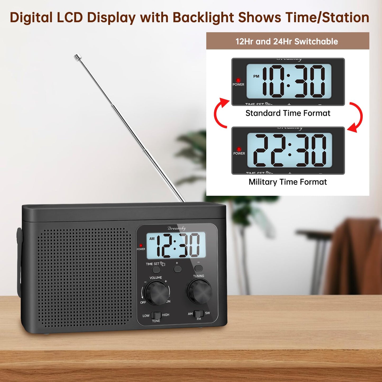 DreamSky AM FM Radio Portable - Shortwave Radio Battery Powered or Plug in Wall for Home Outdoor, Strong Reception, Large Dial Easy to Use, Digital Time Display, Transistor Antenna, Seniors Small Gift
