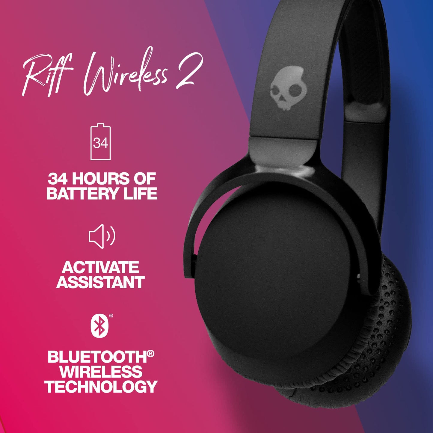 Skullcandy Riff Wireless 2 On-Ear Bluetooth Headphones, Up to 34 Hrs Battery, Foldable Lightweight Design, Convenient for Travel with Included 3.5mm AUX Cable, Microphone for iPhone Android - Black