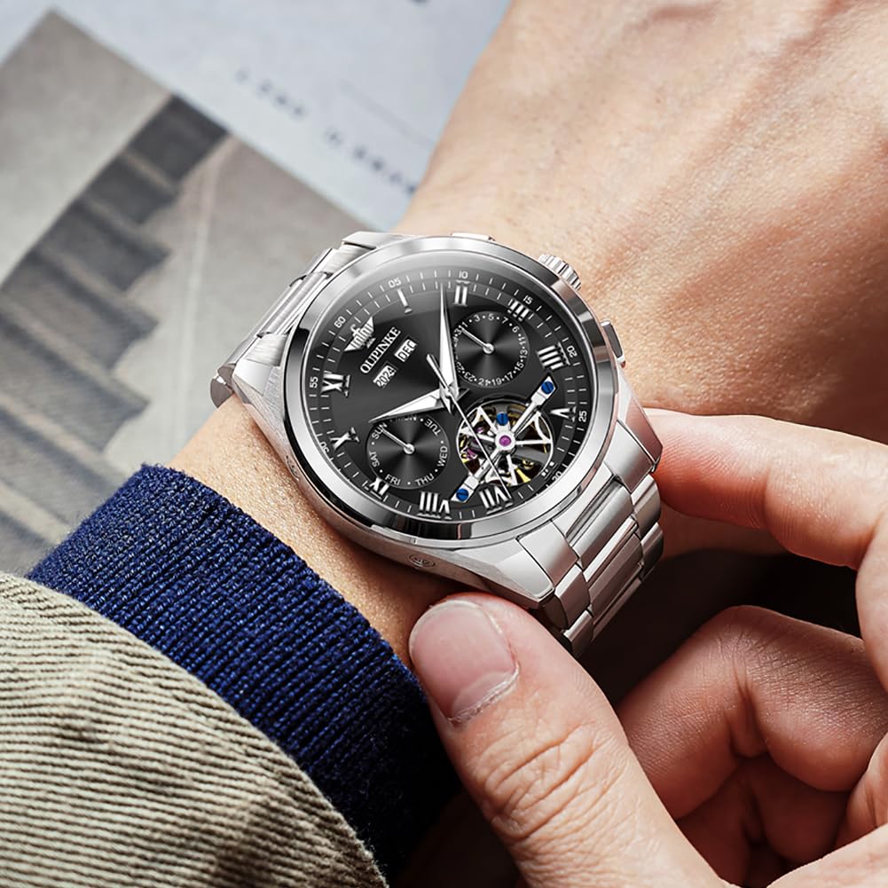 OUPINKE Men Skeleton Watch Automatic Mechanical Luxury Dress Waterproof Tourbillion Sapphire Crystal Wrist Watches for Men