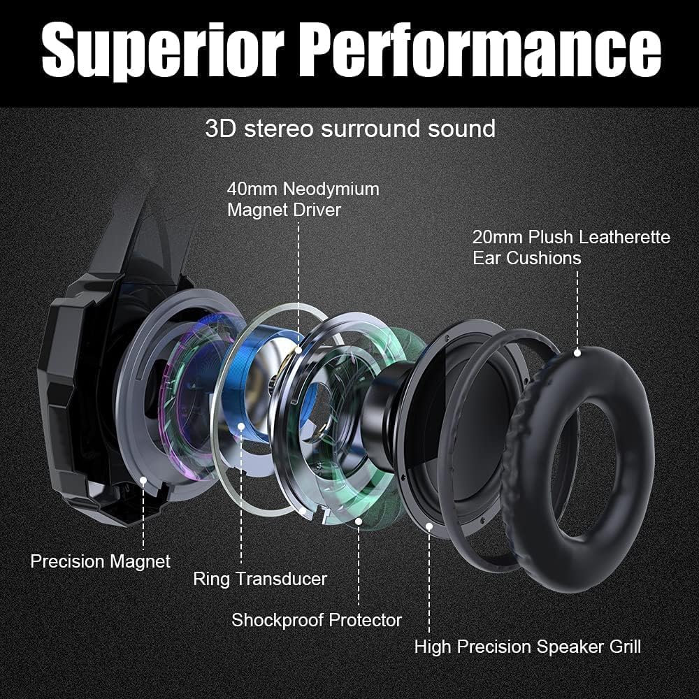 BENGOO G9000 Stereo Gaming Headset for PS4 PC Xbox One PS5 Controller, Noise Cancelling Over Ear Headphones with Mic, LED Light, 7.1 Surround Sound, Soft Memory Earmuffs for Nintendo Xbox Series X|S