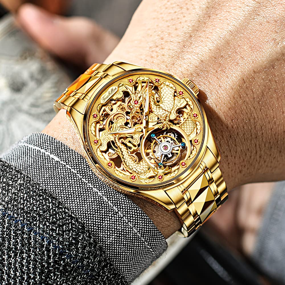 OUPINKE Men Skeleton Watch Automatic Mechanical Luxury Dress Waterproof Tourbillion Sapphire Crystal Wrist Watches for Men